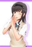  1girl amagami black_hair blue_eyes blush face hairband kishida-shiki long_hair morishima_haruka open_mouth school_uniform smile solo sweater wink 