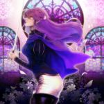  cape closed_eyes flower long_hair original petals pointy_ears profile purple_hair rabbit19 solo sword weapon 