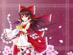  ascot bare_shoulders bow brown_eyes brown_hair cherry_blossoms detached_sleeves flower gohei hair_bow hakurei_reimu highres long_hair petals ribbon sleeves_past_wrists smile solo touhou tucana wallpaper 