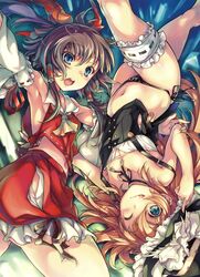  :o :q armpits blonde_hair blue_eyes bow brown_hair chesha detached_sleeves garters hair_bow hakurei_reimu hat kirisame_marisa leg_garter multiple_girls open_mouth panties rotational_symmetry side-tie_panties tongue touhou underwear upside-down wazakita wink witch_hat 