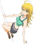  ahoge blonde_hair blush crop_top green_eyes hoshii_miki idolmaster impossible_clothes impossible_shirt jewelry lips lipstick long_hair looking_back midriff navel necklace pole shirt simple_background skirt solo tank_top 