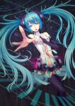  aqua_eyes blue_eyes blue_hair colored_eyelashes eyelashes foreshortening gradient_hair hatsune_miku highres jun_(goodgun7) long_hair looking_at_viewer miku_append multicolored_hair open_mouth outstretched_hand thigh-highs thighhighs twintails very_long_hair vocaloid vocaloid_append 