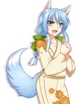  blue_hair blush character_request fang fox_ears fox_tail green_eyes japanese_clothes kituneno-lullaby konshin open_mouth original solo tail twintails wolf_ears wolf_tail 