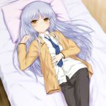  bed blue_hair blush crossdressinging kanna_asuke long_hair lying necktie school_uniform tachibana_kanade yellow_eyes 