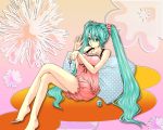  aqua_eyes aqua_hair barefoot cosmetics crossed_legs hatsune_miku legs long_hair manicure micco nail_polish nail_polish_bottle painting_nails scrunchie sitting solo twintails very_long_hair vocaloid 