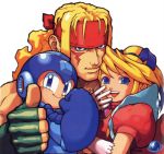  1girl 2boys alex blonde_hair blue_eyes breath_of_fire breath_of_fire_iii capcom company_connection crossover fingerless_gloves gloves headband long_hair multiple_boys muscle nina_(breath_of_fire_iii) official_art puffy_sleeves rockman rockman_(character) street_fighter street_fighter_iii watermark white_background 