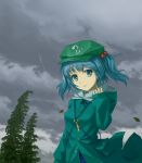  bad_id blue_eyes blue_hair cloud clouds dark_clouds hair_bobbles hair_ornament hat highres hooded_jacket kawashiro_nitori key light_smile rain raincoat short_hair sky smile solo touhou tree tucana twintails wind 