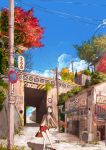  autumn cloud clouds cola_(gotouryouta) cola_(pixiv810305) highres lamppost long_hair original power_lines road_sign scenery shadow shop sign skirt sky solo sunlight tree tunnel 