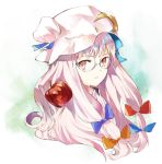  asaki bespectacled bust expressionless food fruit glasses hat long_hair patchouli_knowledge pink_hair red_eyes solo stare touhou 