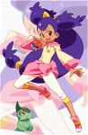  1girl axew big_hair gym_leader holding holding_poke_ball iris_(pokemon) long_hair long_sleeves om_(nk2007) open_mouth poke_ball pokemon pokemon_(creature) pokemon_(game) pokemon_black_and_white pokemon_bw purple_hair red_eyes tan twintails two_side_up very_long_hair zoom_layer 