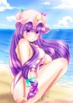  beach breasts cleavage crescent crescent_moon hat large_breasts long_hair ocean one-piece_swimsuit patchouli_knowledge pengin_guriko purple_eyes purple_hair solo swimsuit touhou violet_eyes 