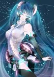  absurdres aqua_eyes aqua_hair belt bridal_gauntlets center_opening elbow_gloves fingerless_gloves gloves hatsune_miku hatsune_miku_(append) highres long_hair miku_append msk navel necktie solo thigh-highs thighhighs twintails very_long_hair vocaloid vocaloid_append 