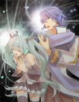  bad_id blue_eyes blue_hair closed_eyes detached_sleeves hatsune_miku headphones headset irono_yoita kaito long_hair nail_polish necktie open_mouth scarf singing skirt thigh-highs thighhighs twintails tyanpon very_long_hair vocaloid zettai_ryouiki 