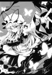  butterfly gap gloves hands hat highres light_smile long_hair monochrome outstretched_arm outstretched_hand ribbon solo touhou touya_(the-moon) yakumo_yukari 