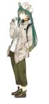  ayase08 casual contemporary green_eyes green_hair hat hatsune_miku headphones headphones_around_neck highres jacket long_hair pun2 simple_background tomboy twintails vocaloid 
