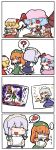  4girls 4koma ? bat_wings blue_eyes braid child_drawing comic fang flandre_scarlet heart highres hong_meiling izayoi_sakuya knife left-handed multiple_girls nura_(oaaaaaa) pencil plate pudding red_eyes red_hair remilia_scarlet shaded_face silent_comic silver_hair spoken_heart sweat touhou twin_braids wings 