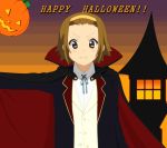  brown_hair cape fang halloween highres jack-o'-lantern jack-o-lantern k-on! kurisuchiine pumpkin school_uniform short_hair tainaka_ritsu vampire 
