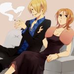 1girl arm_grab black_eyes blonde_hair bracelet breasts brown_eyes cigarette cleavage couch couple dress formal hair_over_one_eye highres jewelry karuha large_breasts nami one_piece one_piece:_strong_world orange_hair sanji short_hair sitting skull suit 
