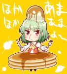  ascot butter chibi food food_on_head fork green_hair in_food kazami_yuuka knife outstretched_arms pancake plaid_vest red_eyes solo spread_arms syrup tougall touhou 