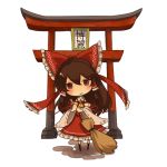  ascot bow broom brown_hair chibi detached_sleeves hair_bow hakurei_reimu japanese_clothes long_hair lowres miko nekobu red_eyes solo torii touhou transparent_background 