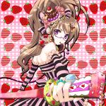  bare_shoulders beads blueberry bow brown_hair cake food food_as_clothes food_themed_clothes foreshortening fruit glasses hair_bow hair_ornament hairclip heart jewelry katana kuroto_usagi looking_back mouth_hold original pocky ponytail purple_eyes ring solo strawberry striped sword violet_eyes weapon 