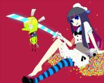  barefoot chuck_(psg) dress feet green_eyes long_hair multicolored_hair panty_&amp;_stocking_with_garterbelt ppo-p single_shoe stocking_(character) stocking_(psg) thighhighs 