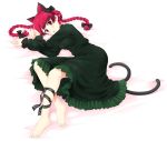  barefoot braid cat_ears cat_tail dress extra_ears kaenbyou_rin lying multiple_tails on_side red_eyes red_hair solo tail takoyaki1116 touhou twin_braids twintails 