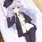  bed blazer blue_hair blush cosplay crossdressinging kanna_asuke long_hair lying naoi_ayato naoi_ayato_(cosplay) on_back open_mouth pillow ribbon school_uniform skirt solo tachibana_kanade yellow_eyes 