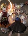 animal_ears basket black_hair blonde_hair grey_hair hair_ornament highres jewelry mouse mouse_ears mouse_tail multicolored_hair multiple_girls nazrin pendant red_eyes shawl shope tail tiger_print toramaru_shou touhou yellow_eyes 
