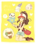  ! 1girl :&lt; antenna_hair bag baseball_cap black_eyes blue_eyes boots brown_eyes brown_hair denim denim_shorts hat heart high_ponytail hoshimura_sora litwick munna open_mouth oshawott pokemon pokemon_(creature) pokemon_(game) pokemon_black_and_white pokemon_bw ponytail red_eyes short_shorts shorts simple_background smile socks touko_(pokemon) vest watch whimsicott wristband wristwatch yellow_eyes 