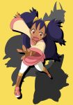  axew blush brown_eyes dark_skin foreshortening fraxure gym_leader haxorus iris_(pokemon) leggings long_hair open_mouth pokemon pokemon_(game) pokemon_black_and_white purple_hair shadow shoes silhouette simple_background twintails very_long_hair 