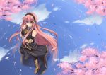  blue_eyes boots cherry_blossoms crossed_arms from_above headphones iroha_(unyun) long_hair megurine_luka petals pink_hair reflection ripples skirt smile solo thigh-highs thighhighs very_long_hair vocaloid water 