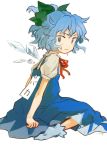  blue_eyes blue_hair bow cirno hair_bow iwamoto_james looking_back note short_hair solo tape touhou wings 
