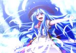 giorgio_claes happy hat hinanawi_tenshi long_hair long_skirt open_mouth outstretched_arms skirt sky solo spread_arms touhou