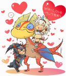  capcom character_request hairband heart horn kirin_(armor) midriff mnd monster_hunter nargacuga_(armor) riding short_hair silver_hair translated translation_request yian_kut-ku 