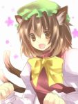  bowtie brown_eyes brown_hair cat_ears cat_tail chen fang hat multiple_tails sakura_(lilak_a) solo tail touhou 