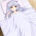  blue_hair blush kanna_asuke long_hair lying on_back open_mouth pillow solo tachibana_kanade yellow_eyes 
