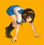  and black_legwear black_socks brown_eyes brown_hair down_blouse hair_ribbon loafers ribbon school_uniform serafuku shoes short_hair simple_background skirt socks solo suzumiya_haruhi suzumiya_haruhi_no_yuuutsu 