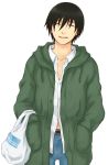  black_hair closed_eyes darker_than_black hands_in_pockets hei jeans momi_(s4101) navel short_hair simple_background smile solo white_background 