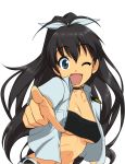  antenna_hair black_hair blue_eyes bow breasts choker cleavage foreshortening ganaha_hibiki hair_bow idolmaster long_hair open_clothes open_mouth open_shirt pengomk2 pointing ponytail shirt simple_background smile solo tubetop under_boob underboob wink 