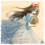  alice_in_wonderland bow brown_hair choker english glasses green_eyes hair_bow holding long_hair open_mouth pocket_watch poem siting_zeng solo watch 
