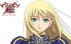  1girl blonde_hair close-up copyright_name fate/stay_night fate_(series) green_eyes hair_down juliet_sleeves logo saber transparent vector wallpaper 