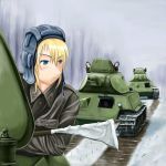  blonde_hair blue_eyes flag kcme military snow soldier t-34 tank tree white_flag wwii 