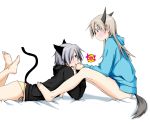  animal_ears bare_legs barefoot blonde_hair blue_eyes blush cat_ears cat_tail eila_ilmatar_juutilainen fox_ears fox_tail gaki green_eyes hand_kiss hoodie kiss legs long_hair multiple_girls panties sanya_v_litvyak short_hair silver_hair strike_witches tail underwear yuri 