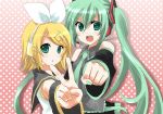  absurdres blonde_hair clenched_hand detached_sleeves fist green_eyes green_hair hair_ornament hairclip hatsune_miku headset highres ichinose_yukino kagamine_rin multiple_girls necktie open_mouth v vocaloid yukinosetsu 