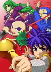  1girl 3boys blue_eyes blue_hair ebisumaru ganbare_goemon goemon green_eyes green_hair japanese_clothes konami kunai mino106 multicolored_hair ninja purple_eyes ribbon sasuke sword topknot two-tone_hair violet_eyes weapon yae 