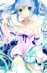  1girl blue_eyes blue_hair detached_sleeves dress hatsune_miku highres long_hair remimim solo strapless_dress thigh-highs twintails very_long_hair vocaloid 