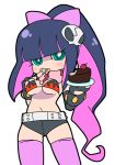  bikini_top blue_eyes blue_hair bow company_connection cosplay gainax hair_bow midriff navel official_style panty_&amp;_stocking_with_garterbelt pink_thighhighs ponytail short_shorts shorts simple_background solo stocking_(character) stocking_(psg) tengen_toppa_gurren_lagann thigh-highs thighhighs yoko_littner yoko_littner_(cosplay) youri19 