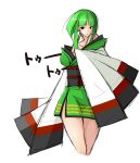  black_eyes blunt_bangs breasts cleavage costume emukon green_hair hair_ornament japanese_clothes kimono long_sleeves obi personification pokemon short_hair simple_background solo xatu 