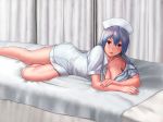  breasts cleavage down_blouse hat inuzuka_bouru kamishirasawa_keine long_hair lying no_bra nurse nurse_cap red_eyes silver_hair solo touhou 